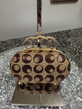 Gold and Brown Glitter Knuckle-Handle Evening Clutch